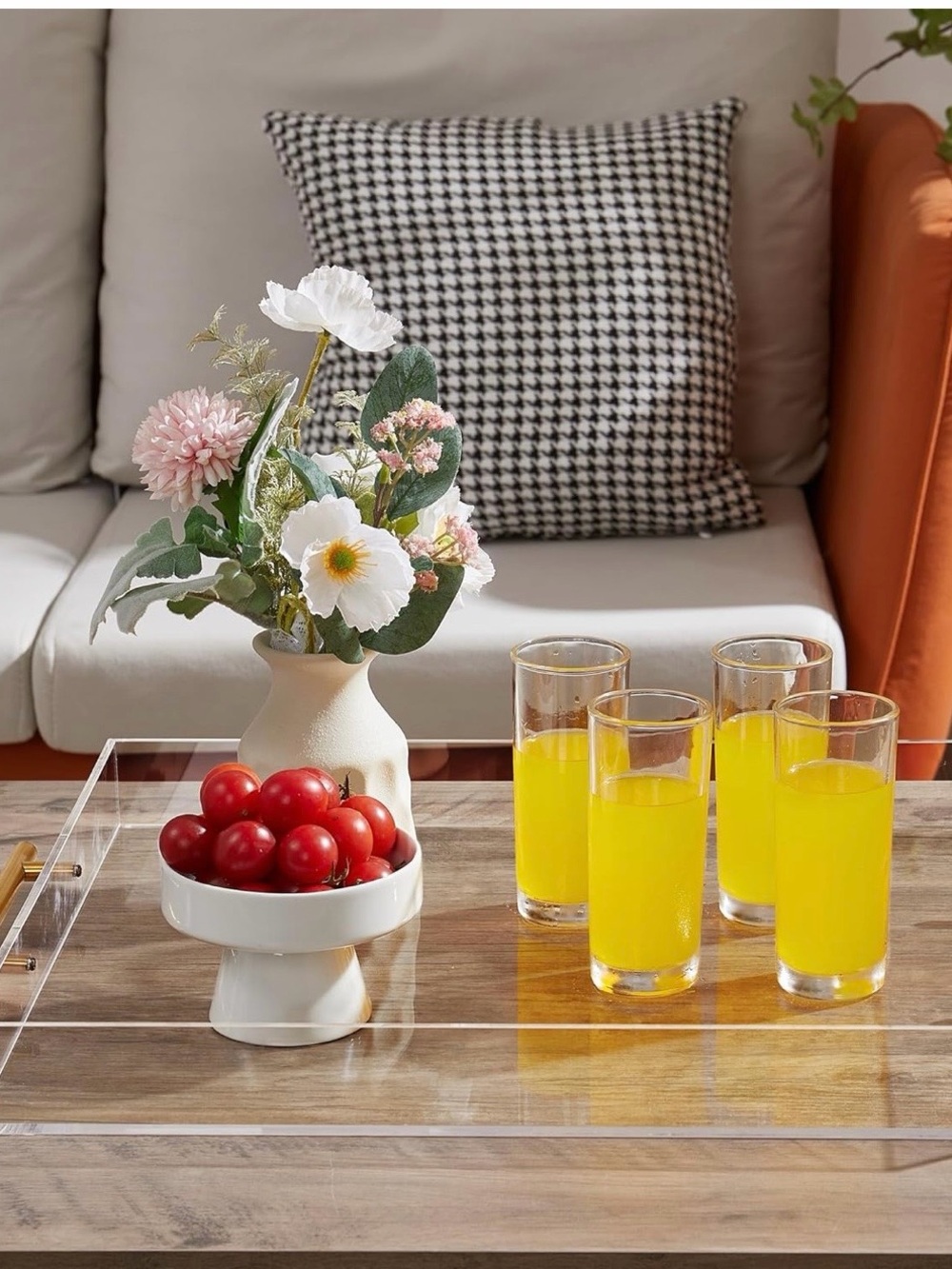 Extra Large Clear Acrylic Serving Tray (21×21 Inches) Gold Handles Spill proof